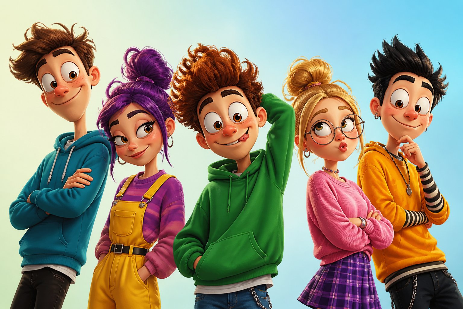 Grupo de personagens animados coloridos com expressões divertidas e poses dinâmicas em um fundo claro.