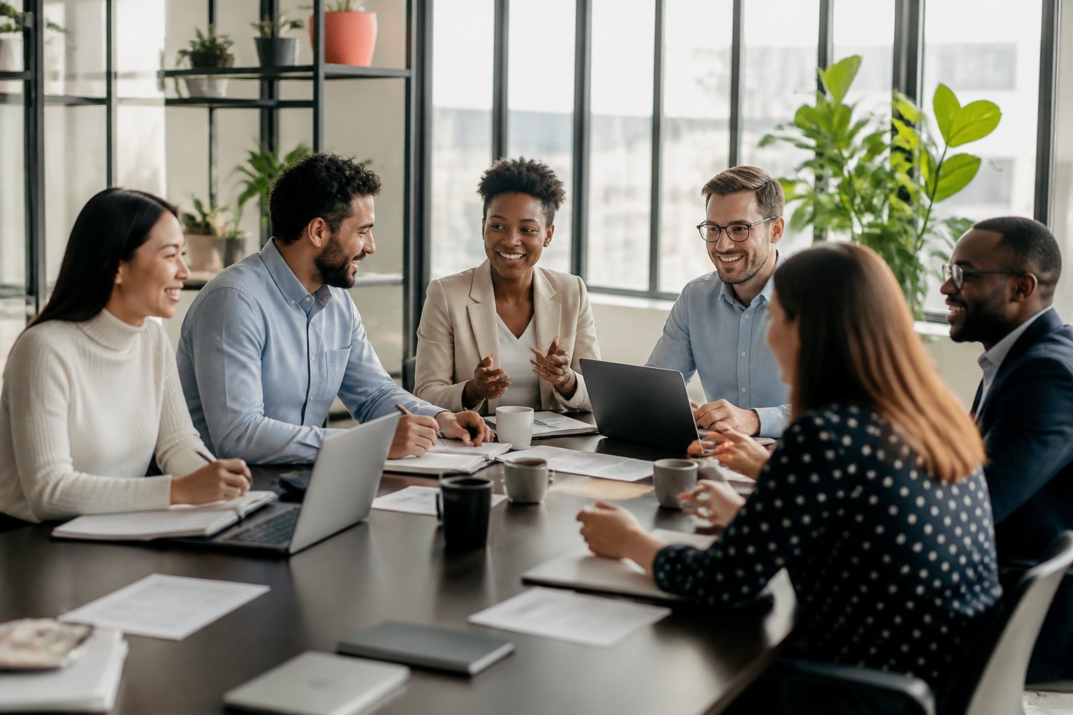 Pessoas em uma reunião de trabalho em um escritório moderno e iluminado, sentadas ao redor de uma mesa de conferência.