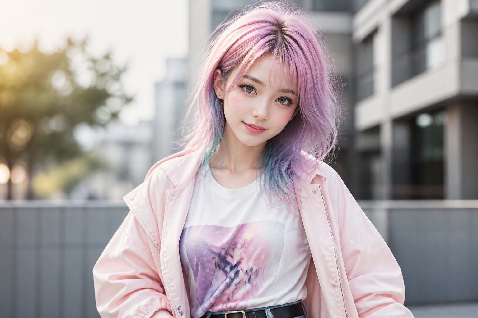 Jovem mulher com cabelo colorido e expressão amigável em ambiente urbano desfocado.