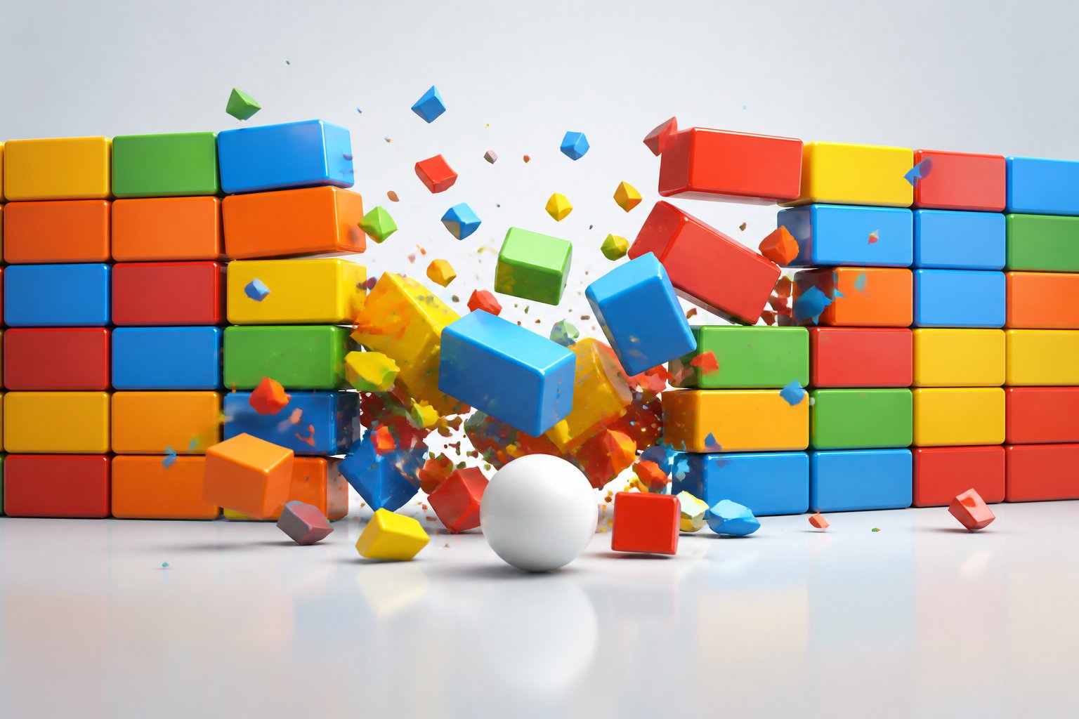 Blocos coloridos vibrantes em formação parcialmente quebrada com fragmentos flutuando, sobre fundo claro e minimalista.