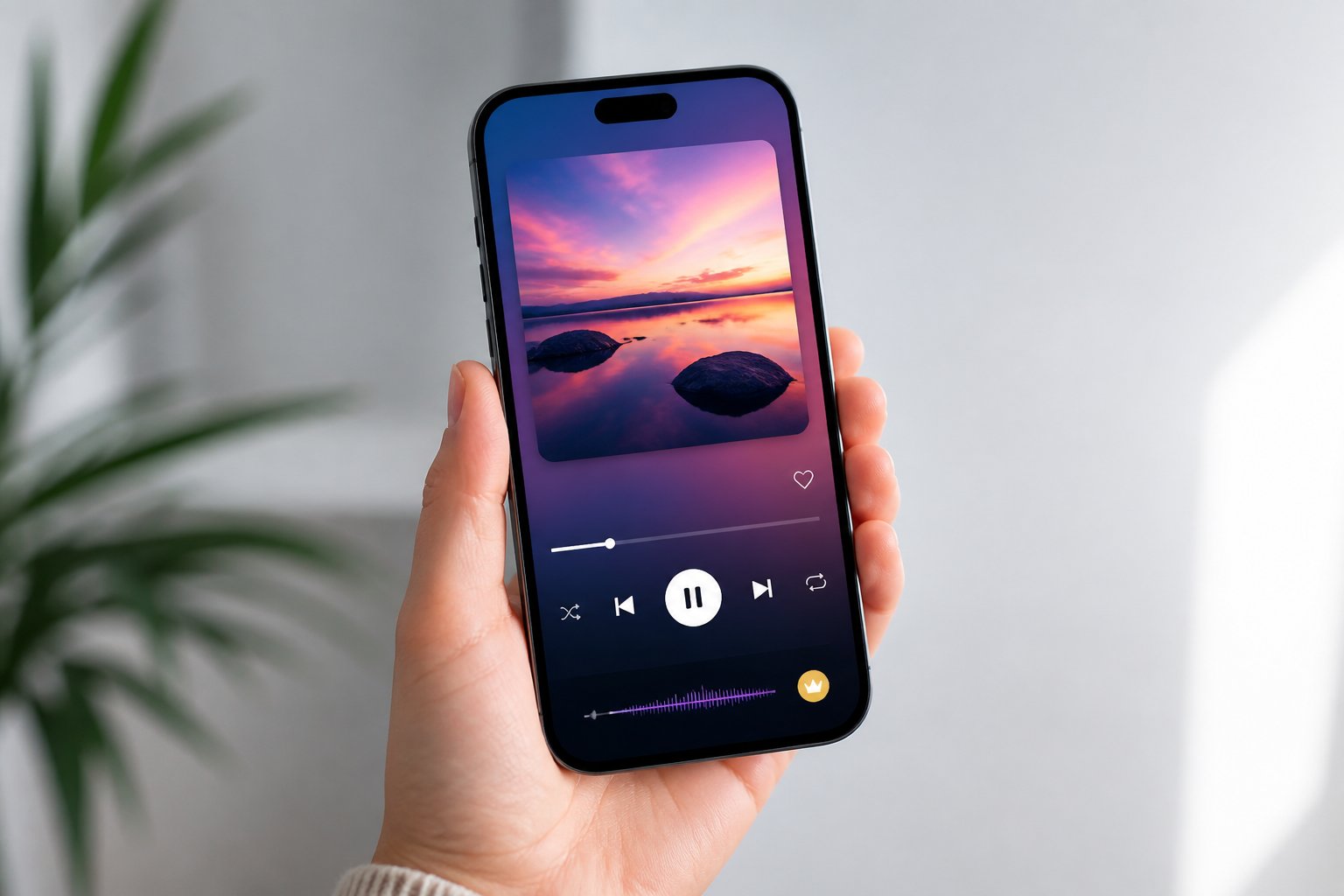 Uma mão segurando um smartphone mostrando uma interface de aplicativo de música com arte de álbum colorida e controles de reprodução.