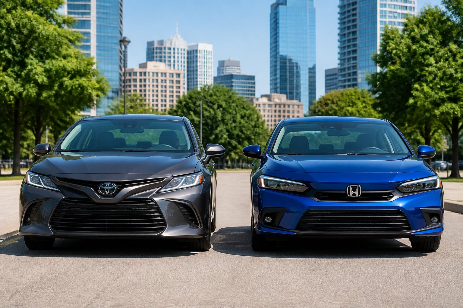 Dois carros modernos, um Toyota e um Honda, estacionados lado a lado em uma rua urbana limpa e iluminada.