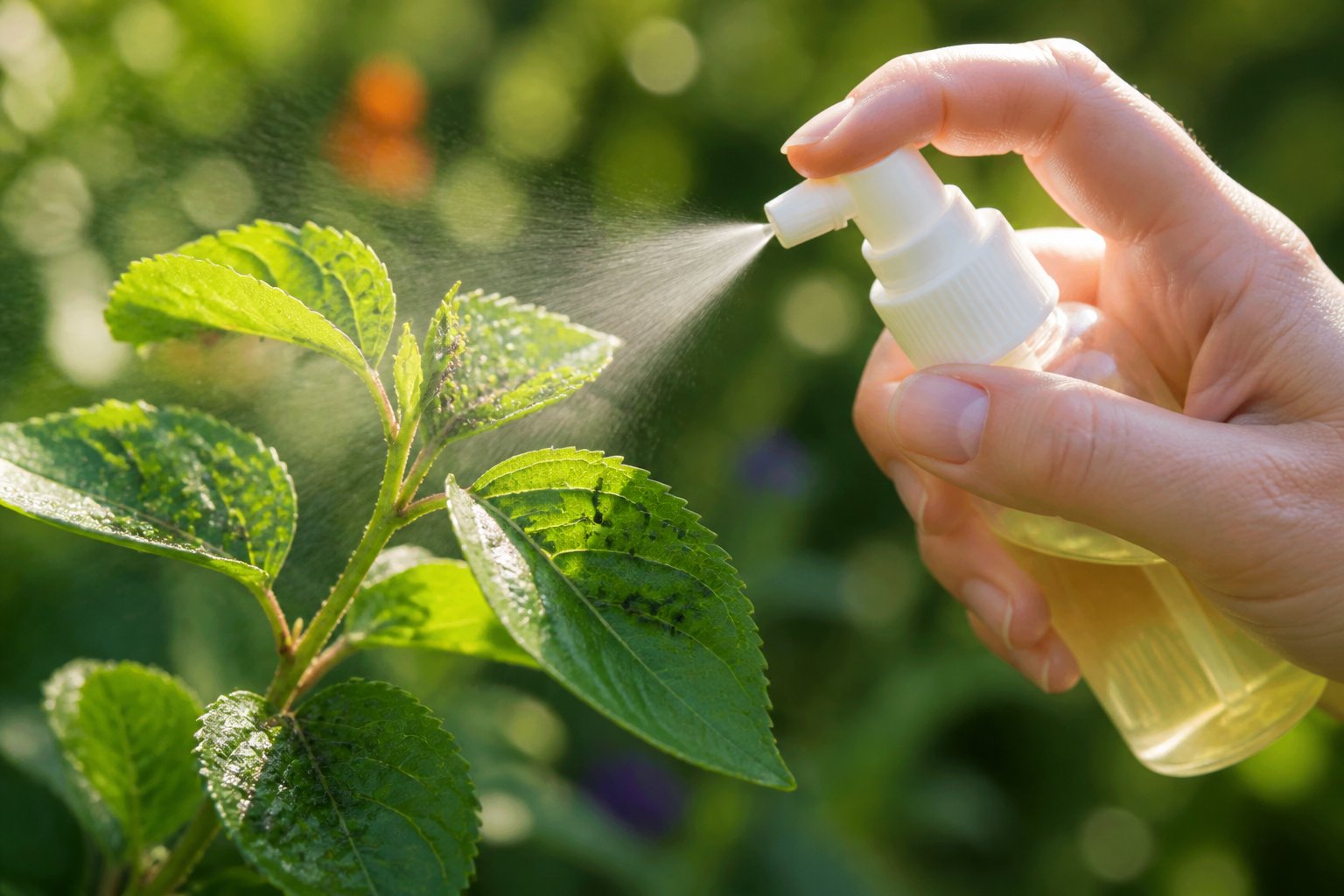 Mão borrifando planta verde para eliminar pulgões em um jardim.