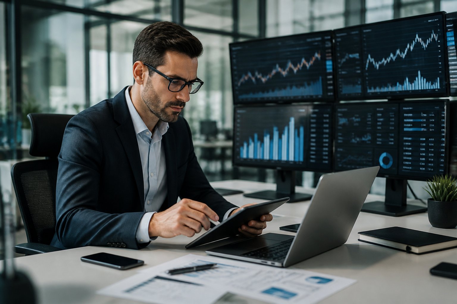Pessoa profissional trabalhando em um escritório moderno, analisando gráficos e dados em telas digitais.