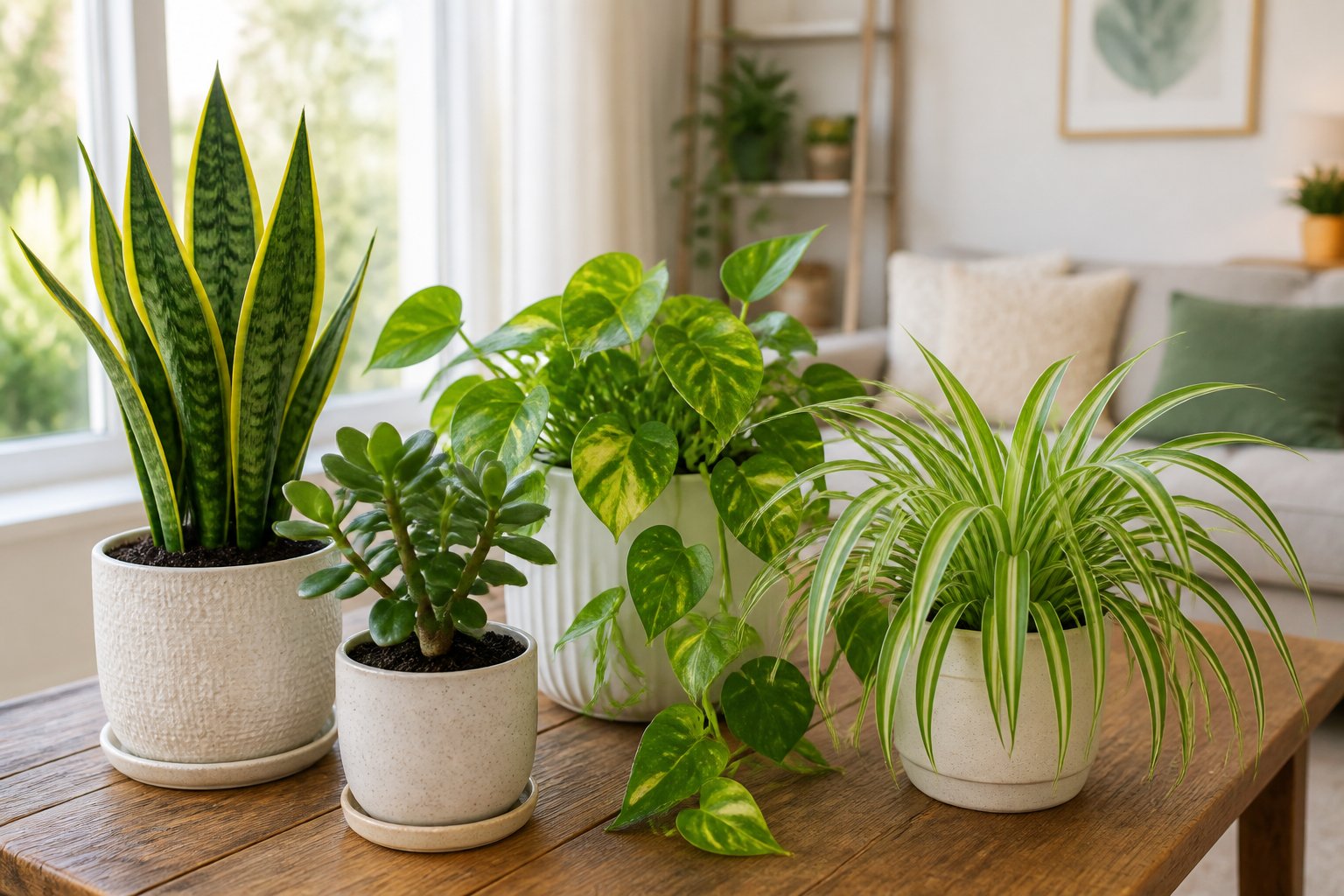 Vários vasos com plantas fáceis de cuidar sobre uma mesa próxima a uma janela iluminada, em um ambiente interno acolhedor.