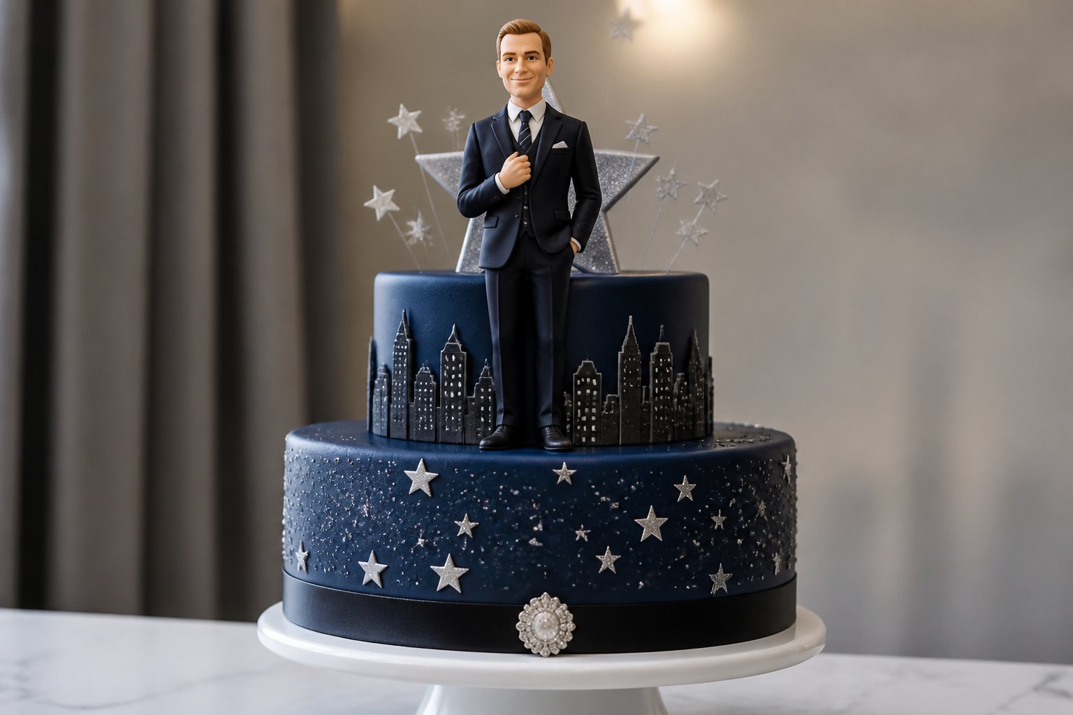 Bolo elegante com camadas azuis e prateadas, decorado com estrelas e uma figura com terno no topo, sobre um suporte branco.