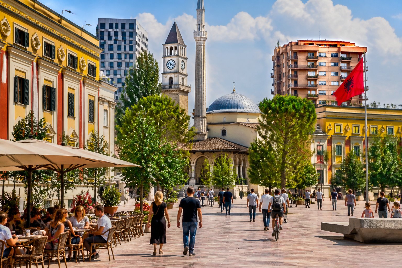 Praça movimentada em Tirana com pessoas caminhando, arquitetura colorida e elementos culturais albaneses ao redor.