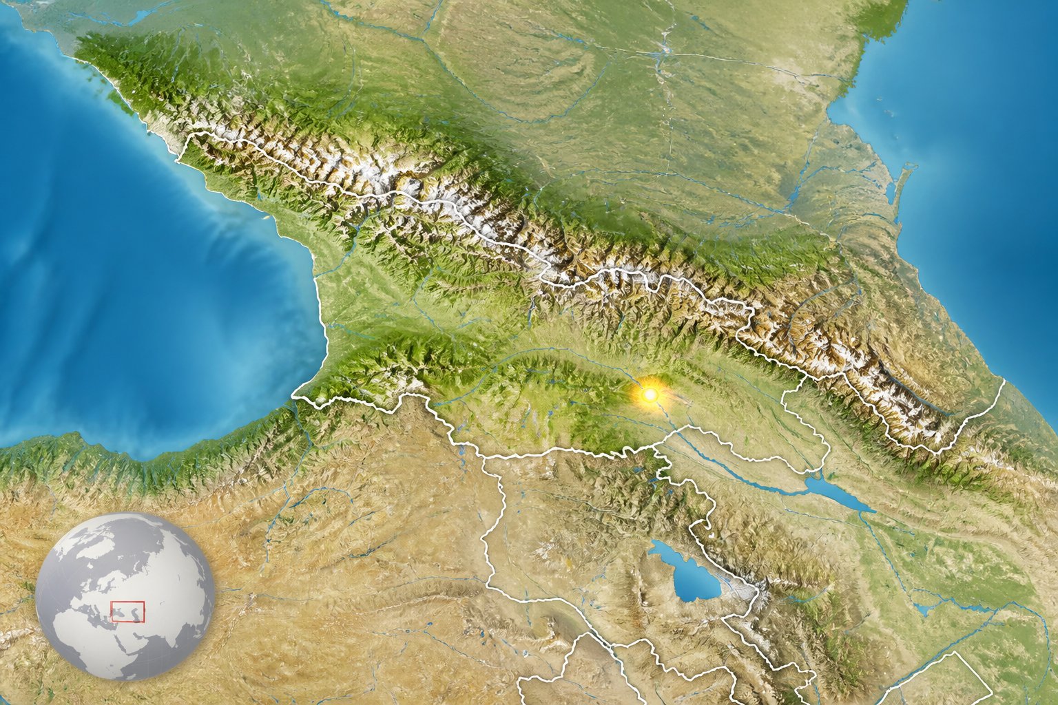 Mapa detalhado mostrando a localização da cidade de Tbilisi na Geórgia, com destaque para a capital e as regiões ao redor.