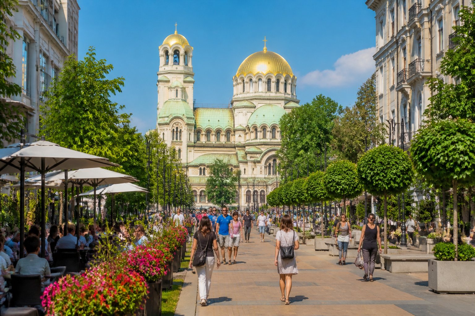 Vista da Catedral Alexander Nevsky em Sofia com pessoas caminhando e árvores ao redor em um dia ensolarado.