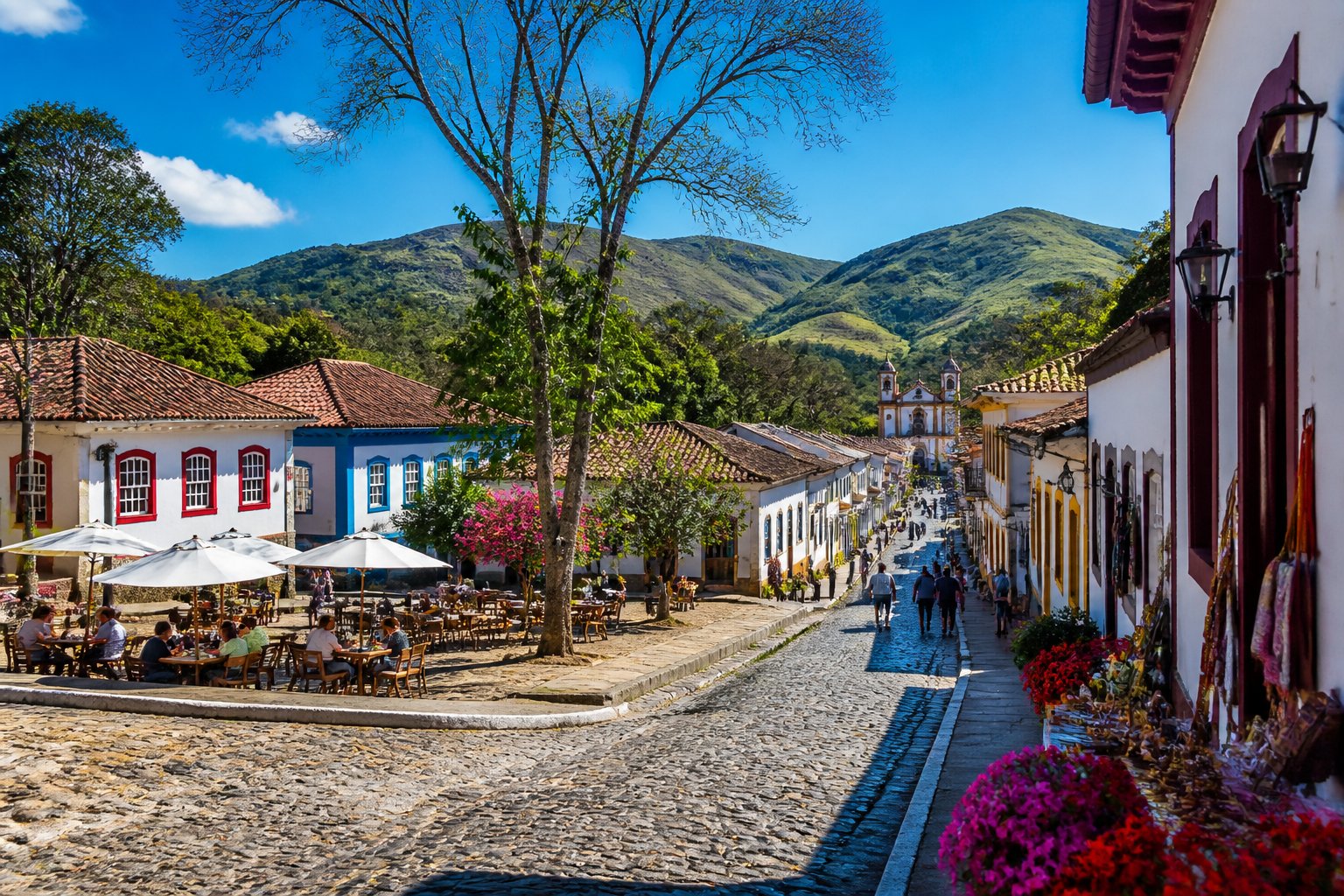 Praça histórica de Prados MG com prédios coloniais coloridos, pessoas caminhando e montanhas ao fundo.