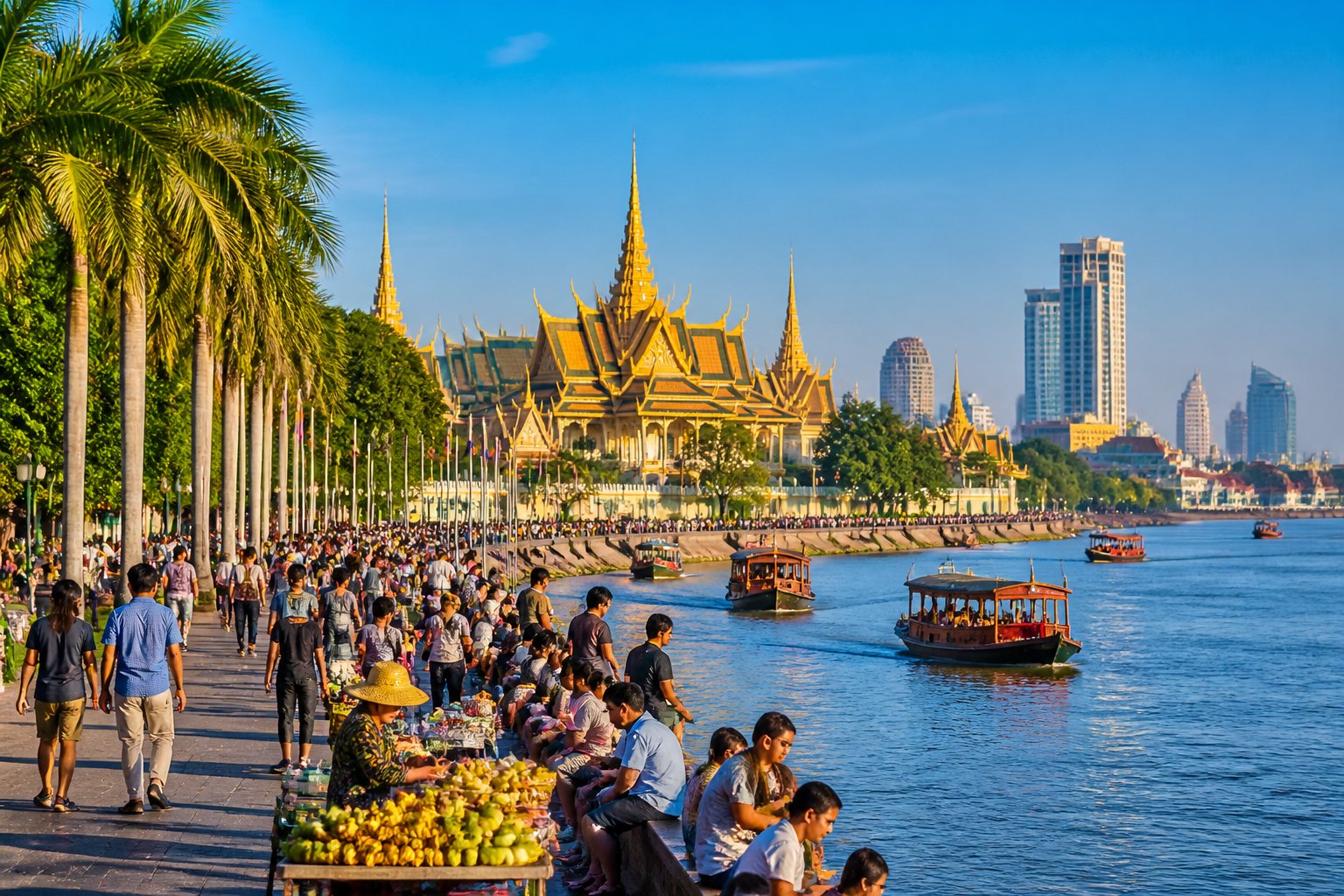 Vista da orla movimentada de Phnom Penh com o Palácio Real ao fundo, barcos no rio e pessoas caminhando sob árvores verdes.