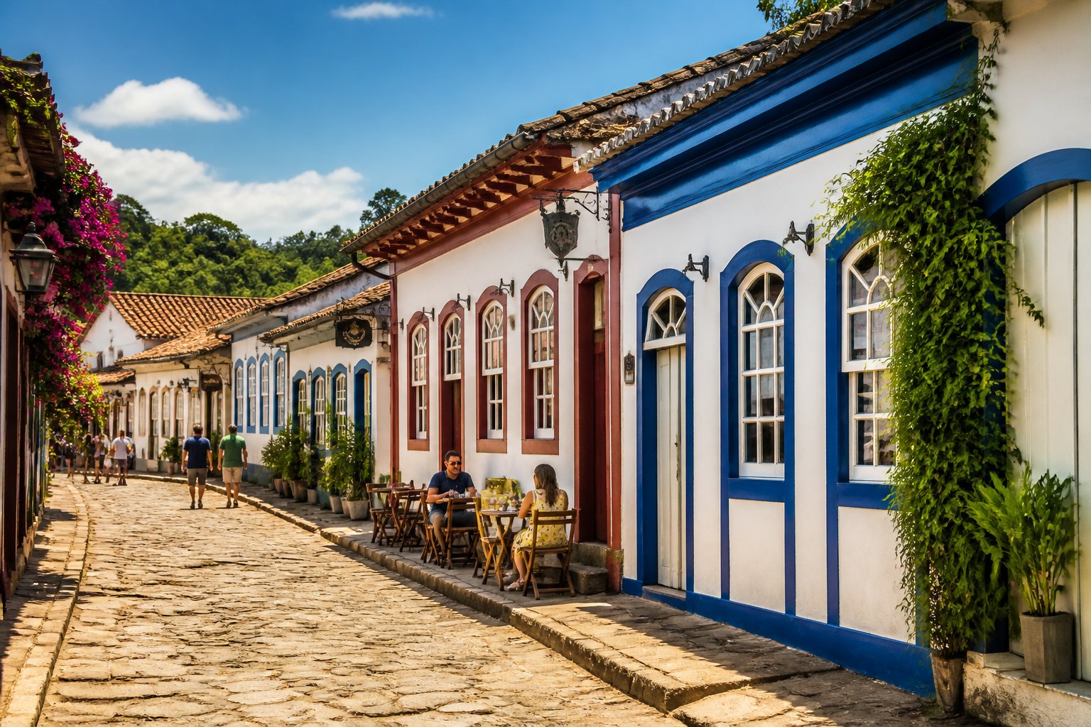 Rua com arquitetura colonial colorida e histórica em Prados, Minas Gerais, com pessoas caminhando e cafés ao ar livre.