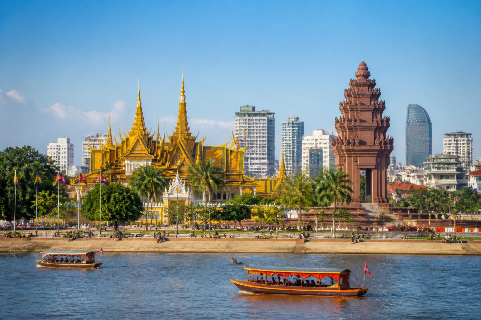 Vista panorâmica das principais atrações turísticas de Phnom Penh, incluindo o Palácio Real, o Monumento da Independência e o rio Tonle Sap com barcos tradicionais.