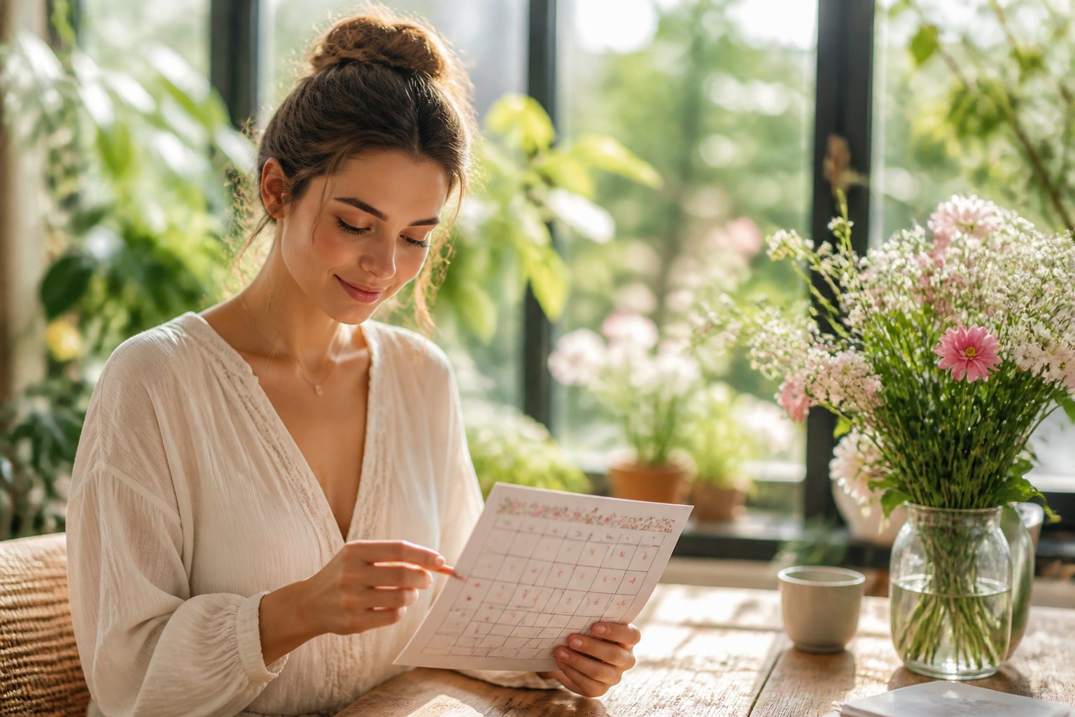 Mulher jovem sentada em um ambiente iluminado pela luz natural, cercada por plantas e flores, segurando um calendário, simbolizando o período fértil.