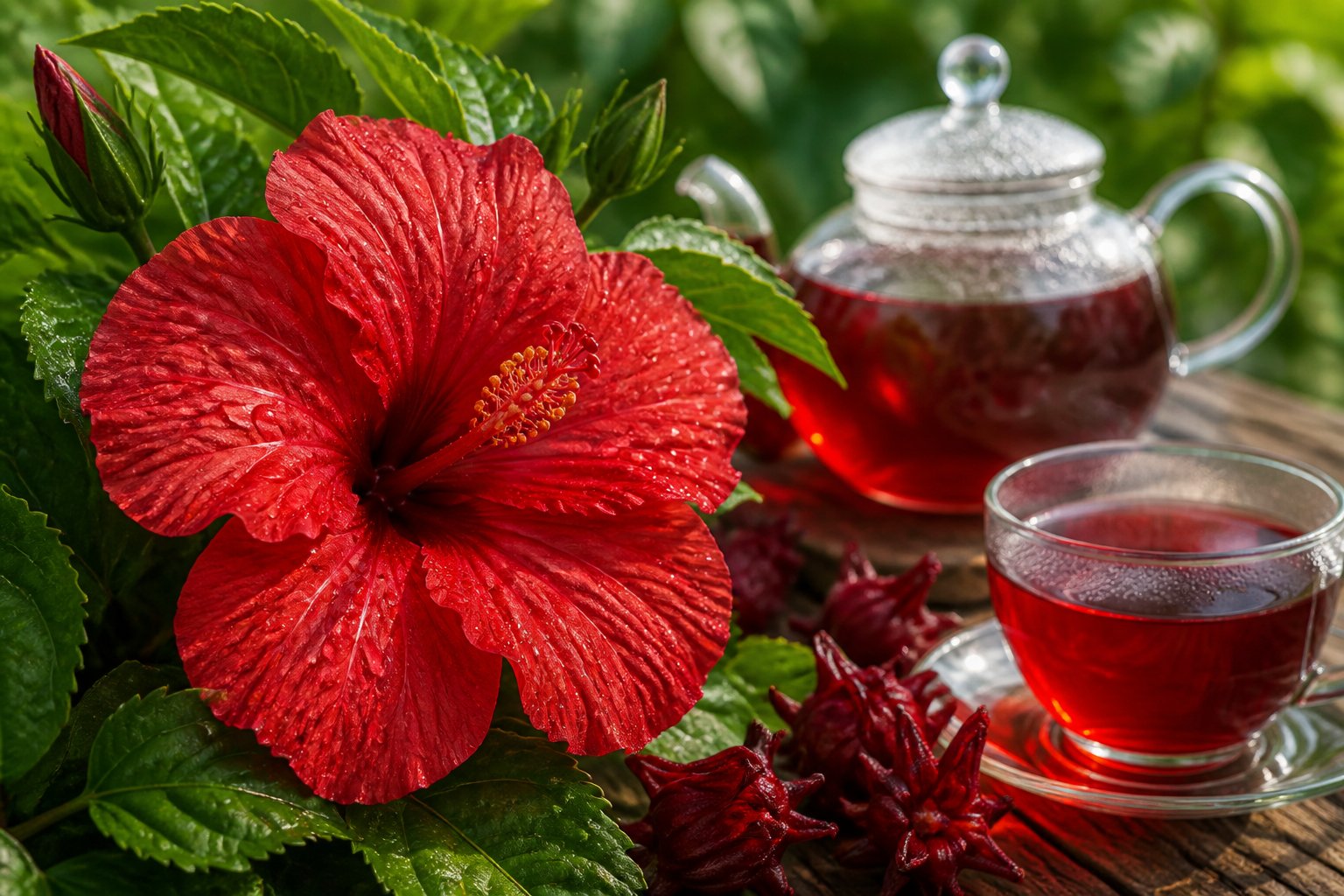 Flores vermelhas vibrantes da flor de Jamaica com folhas verdes ao redor e uma xícara de chá vermelho ao fundo.