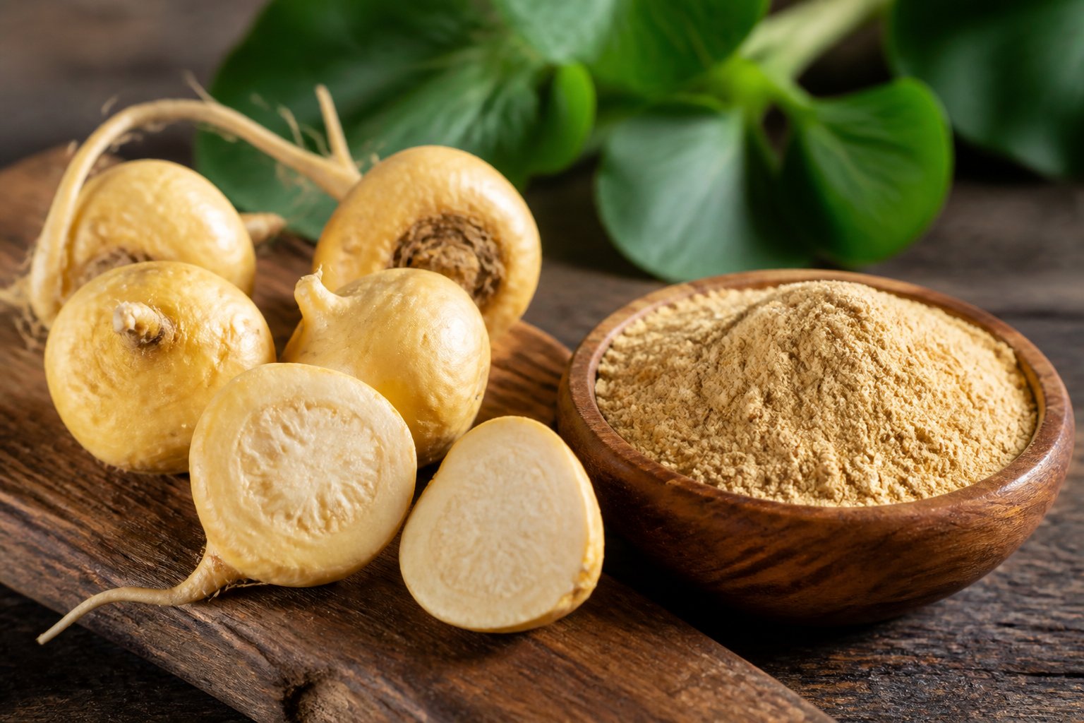 Raízes frescas de maca peruana e pó em uma mesa de madeira com folhas verdes ao fundo.