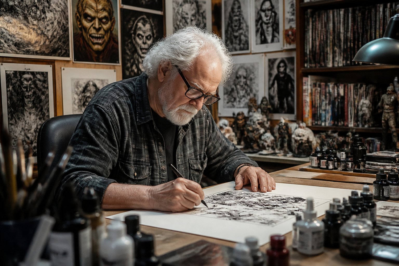 Um artista idoso em um estúdio iluminado, desenhando em uma mesa cercada por obras de arte de quadrinhos de terror.