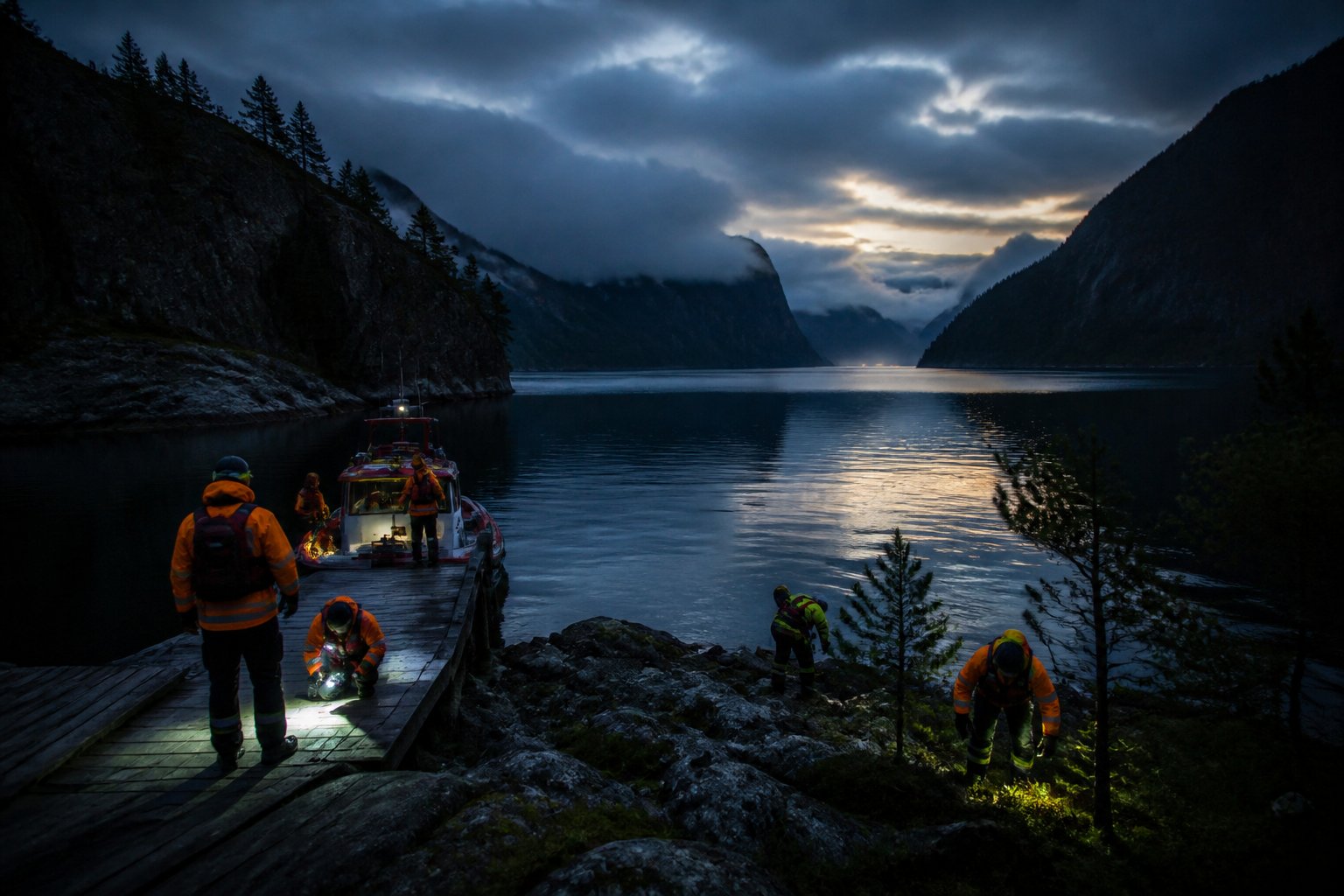 Equipe de busca investigando uma área de fiorde na Noruega ao entardecer, com penhascos, água calma e névoa ao redor.