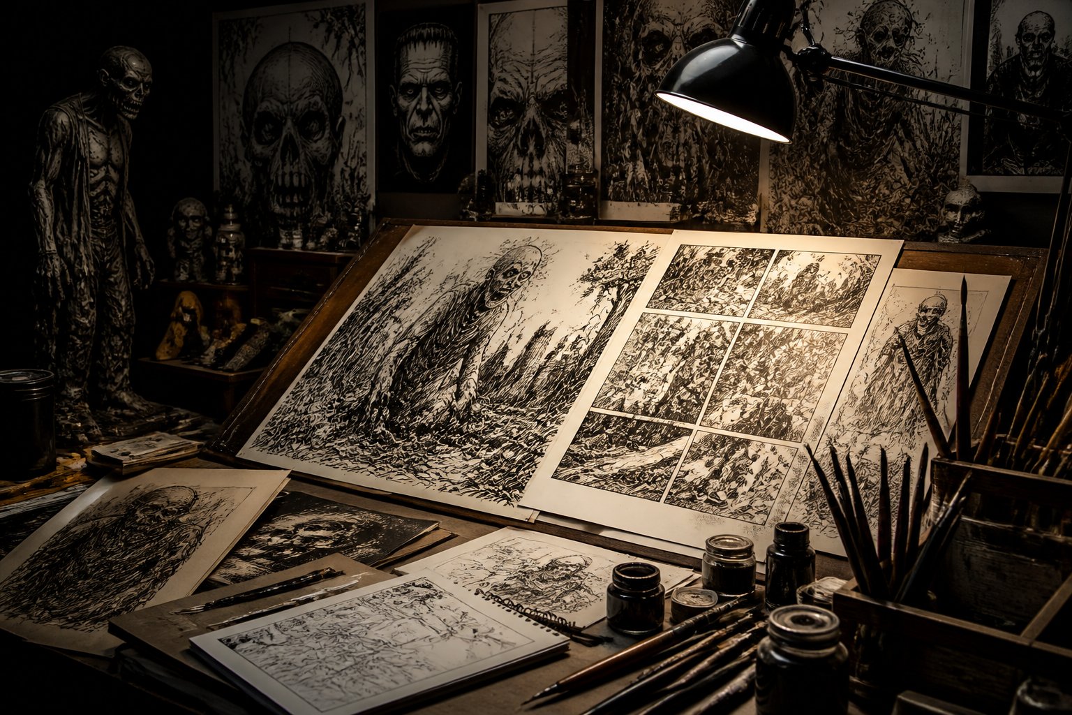Mesa de trabalho de artista com desenhos de horror, livros antigos e materiais de desenho em um ambiente com iluminação suave e sombras de criaturas assustadoras ao fundo.