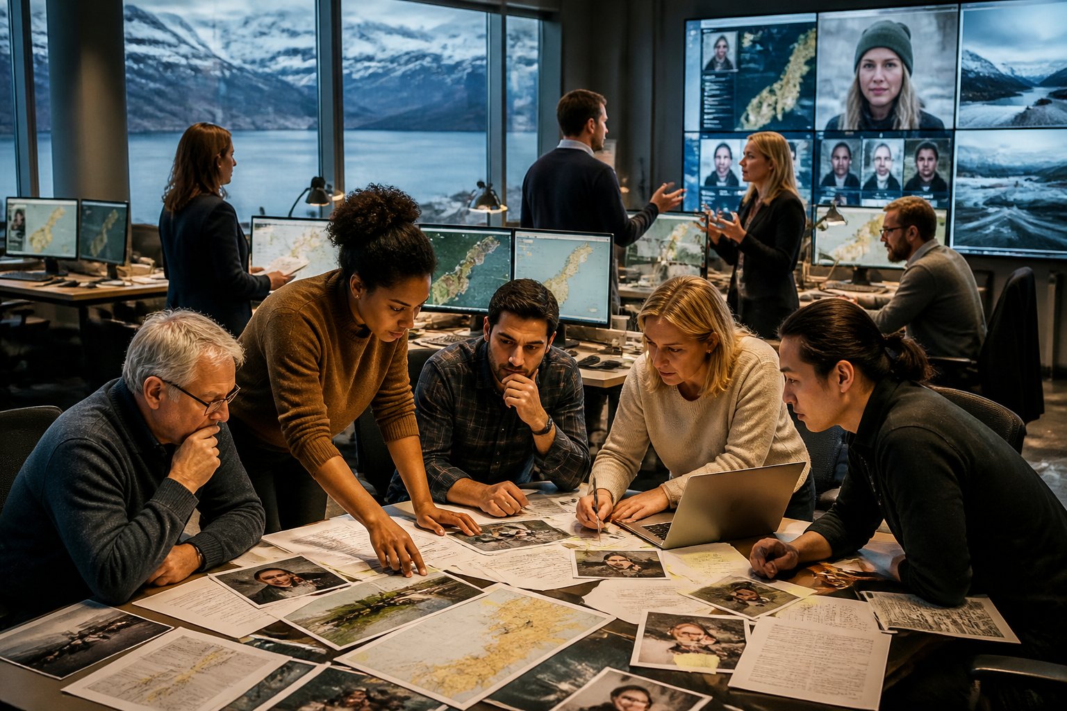 Jornalistas e detetives amadores analisando pistas e mapas em uma sala moderna, investigando um desaparecimento na Noruega.