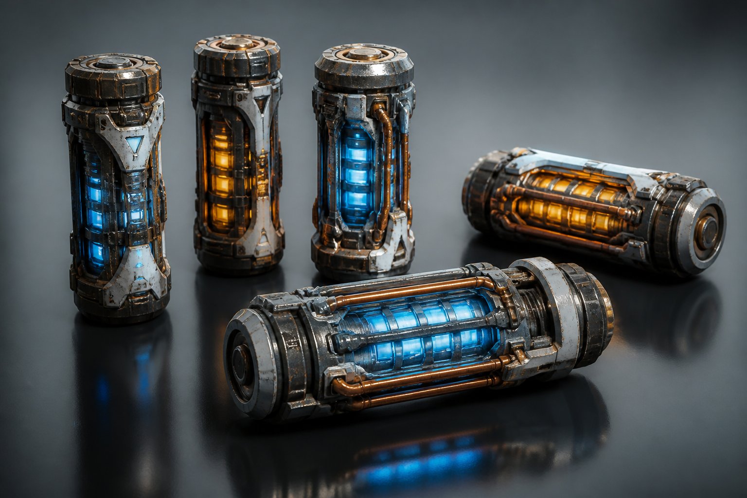 Várias baterias futuristas com design metálico e luzes azuis e laranjas em uma superfície refletiva.