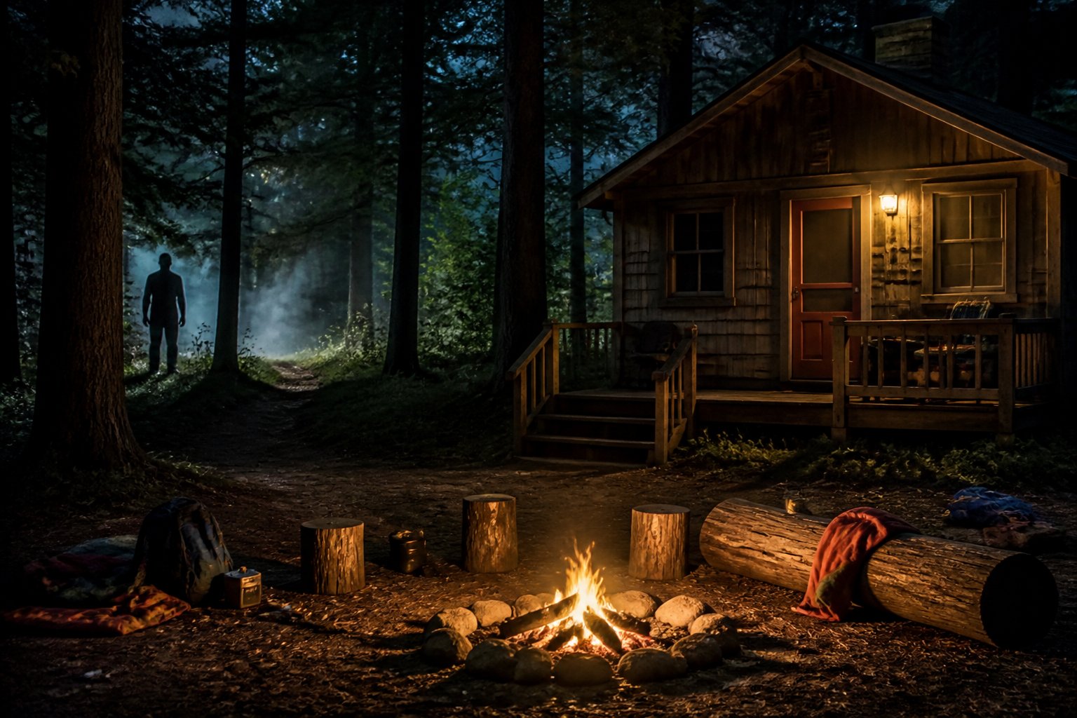 Cena de um acampamento na floresta ao entardecer com uma cabana de madeira, uma fogueira acesa e uma silhueta misteriosa entre as árvores.