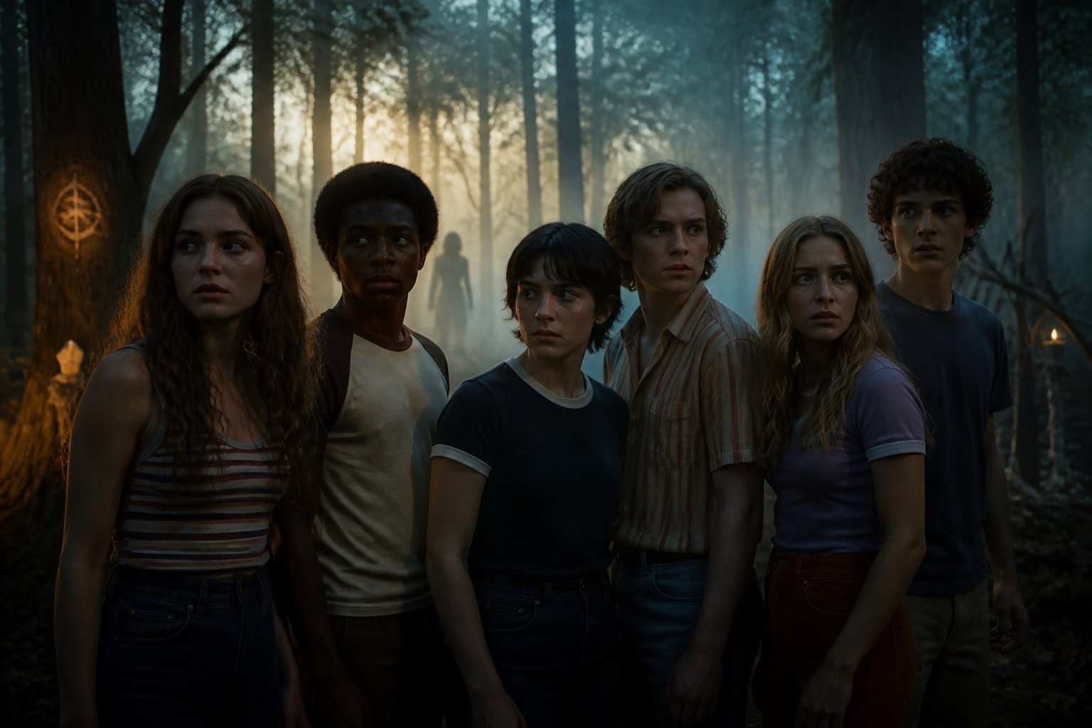 Grupo de adolescentes em uma floresta nebulosa ao entardecer, com expressões tensas, cercados por uma atmosfera misteriosa e elementos sobrenaturais sutis.