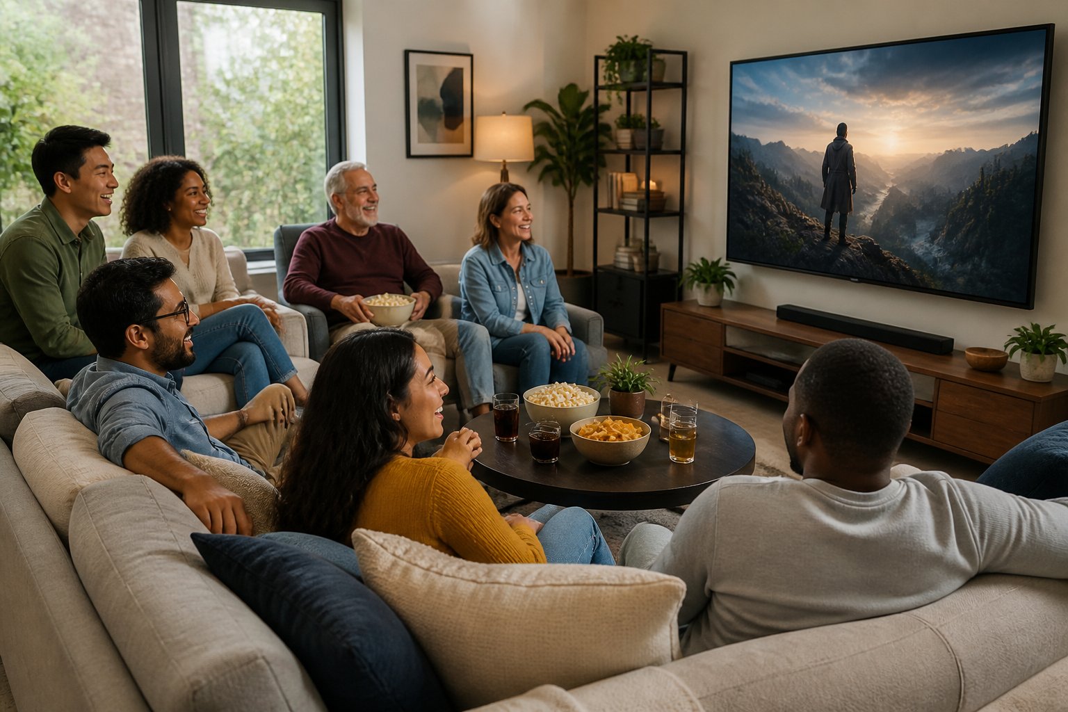Um grupo diverso de pessoas reunidas em uma sala de estar confortável, assistindo televisão e sorrindo.