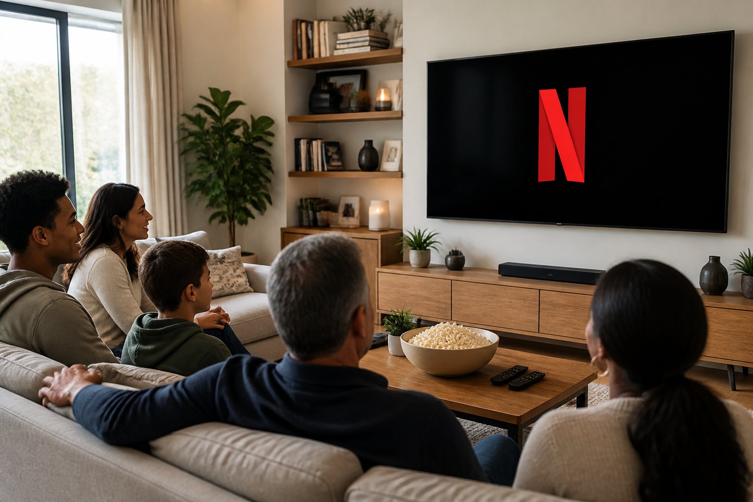 Sala de estar moderna com um grupo diverso de pessoas assistindo TV juntos em um sofá confortável.
