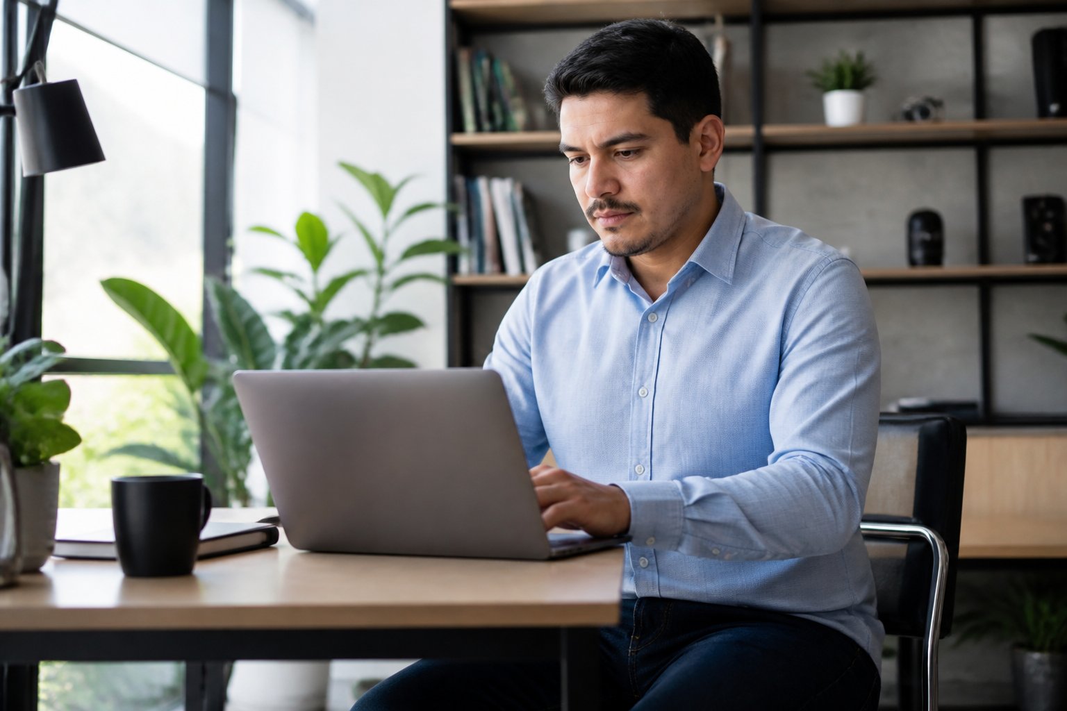 Homem jovem sentado em um escritório moderno, trabalhando concentrado em um laptop.