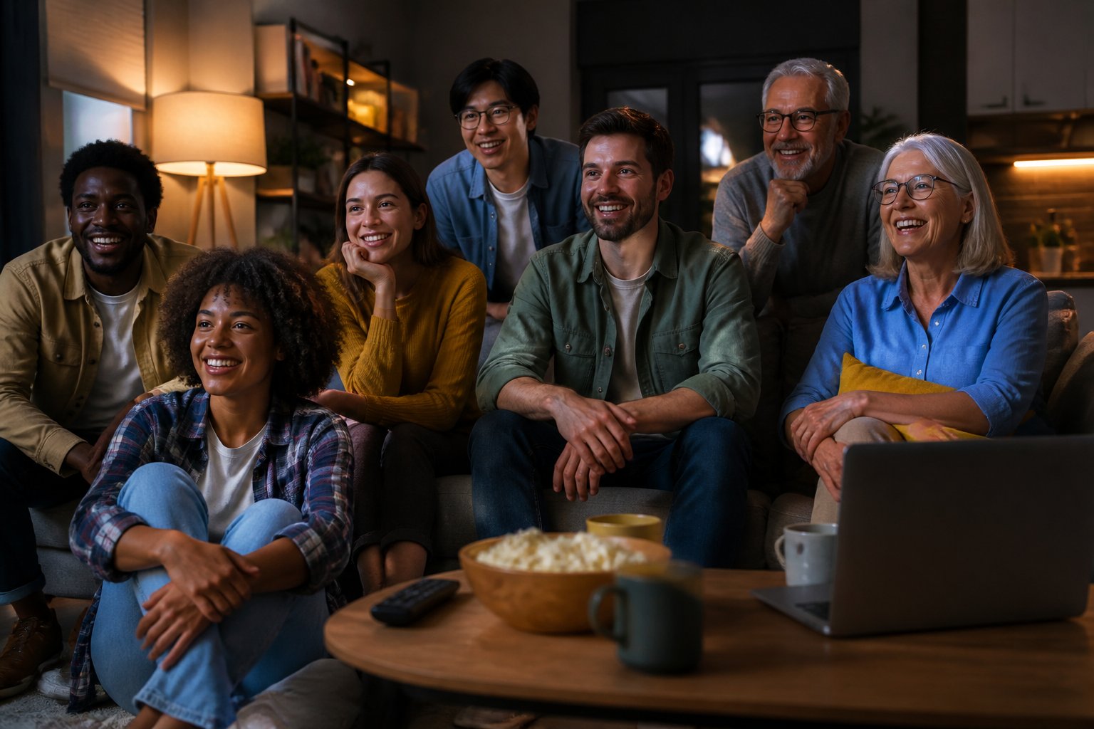 Grupo diversificado de pessoas reunidas em uma sala de estar confortável, assistindo a algo na televisão e sorrindo.