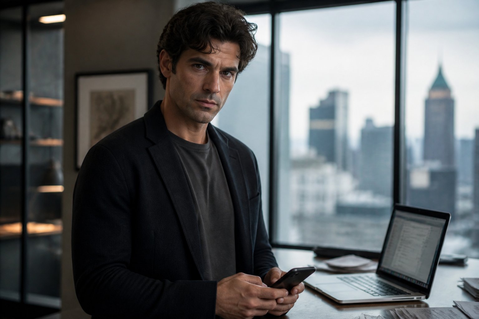 Jovem homem confiante em ambiente urbano moderno, com laptop e smartphone em uma mesa, parecendo concentrado e envolvido em trabalho.