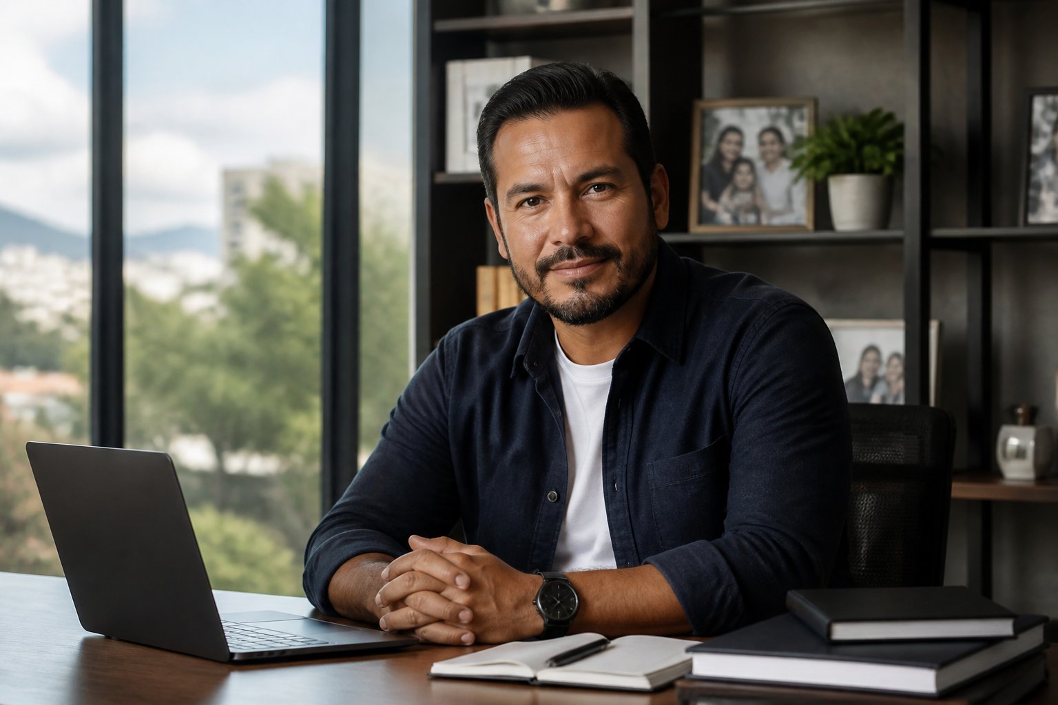 Homem latino-americano sentado em uma mesa de escritório moderno, com laptop e fotos de família ao fundo, transmitindo equilíbrio entre carreira e vida pessoal.