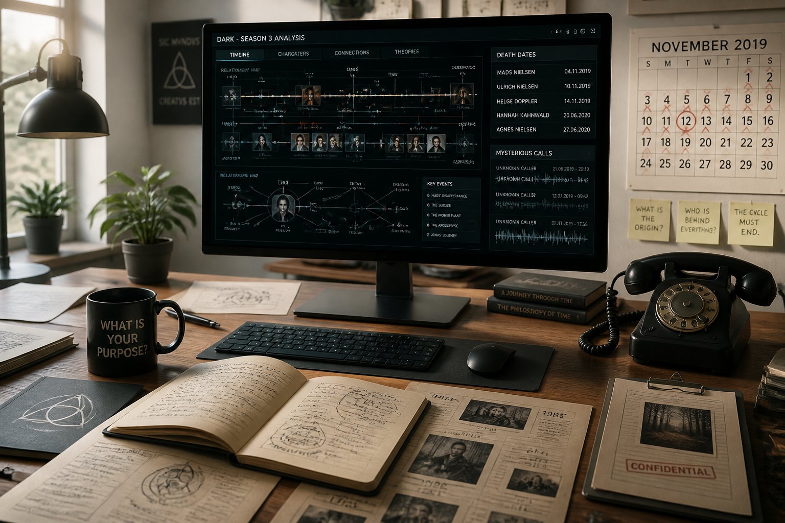 Mesa de trabalho moderna com computador exibindo gráficos e anotações, telefone antigo e calendário ao fundo, sugerindo análise de mistérios e datas importantes.