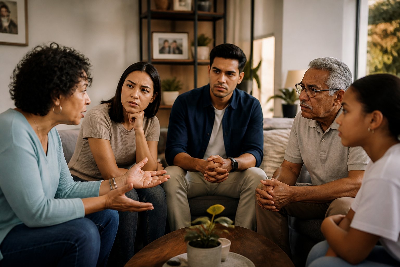 Reunião familiar tensa com várias pessoas discutindo em uma sala de estar moderna.