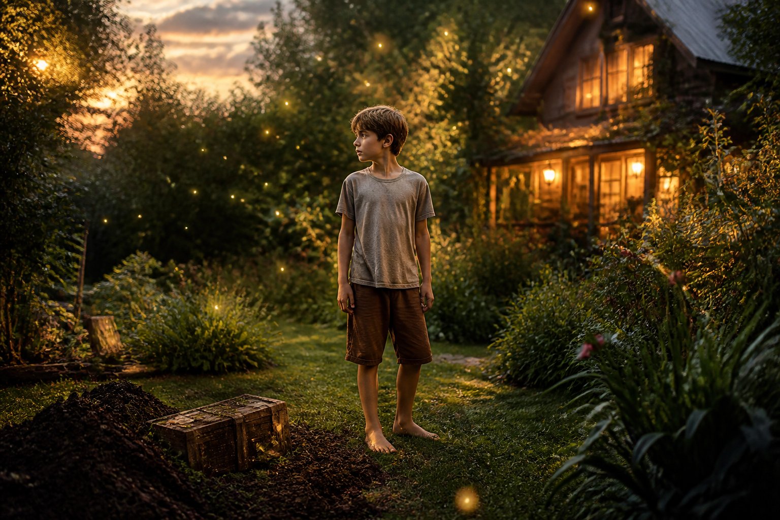 Um menino em um jardim mágico ao entardecer, cercado por luzes suaves e elementos naturais, com uma casa iluminada ao fundo.