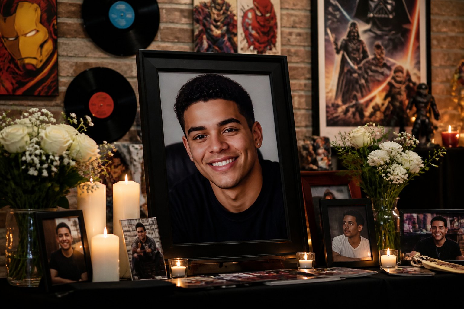 Memorial com fotos, velas e flores em homenagem a um jovem, com objetos relacionados à cultura pop ao fundo.