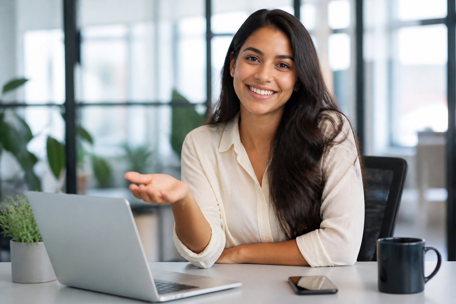 Mulher brasileira sorridente sentada em uma mesa de escritório, gesticulando de forma acolhedora.