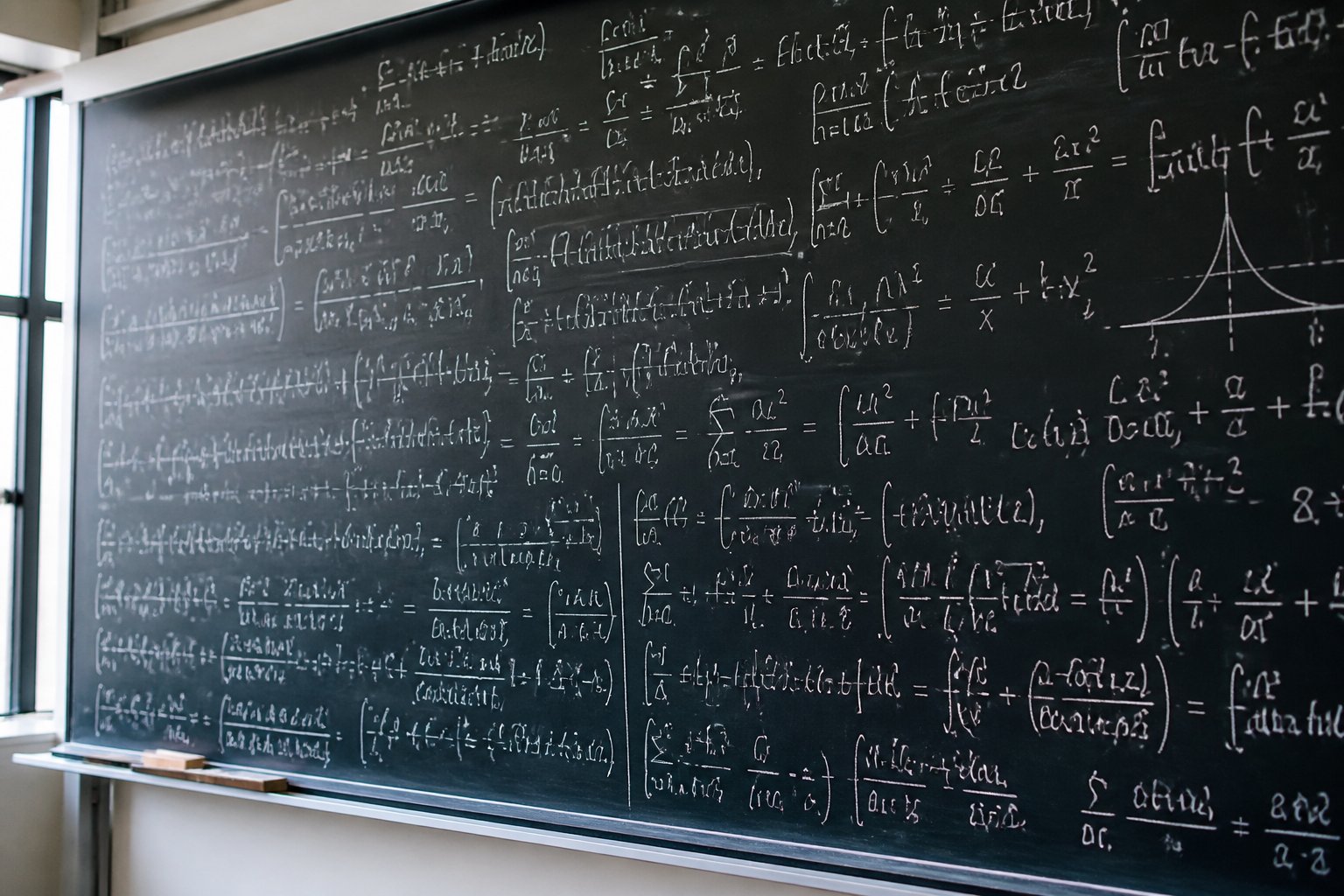 Quadro negro com várias equações matemáticas complexas escritas à mão em uma sala de aula moderna.