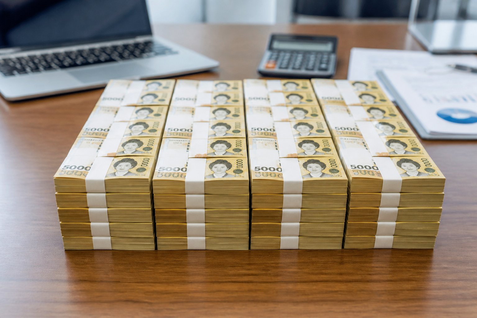 Mesa de escritório com pilhas organizadas de dinheiro em won sul-coreano e objetos de trabalho ao fundo.