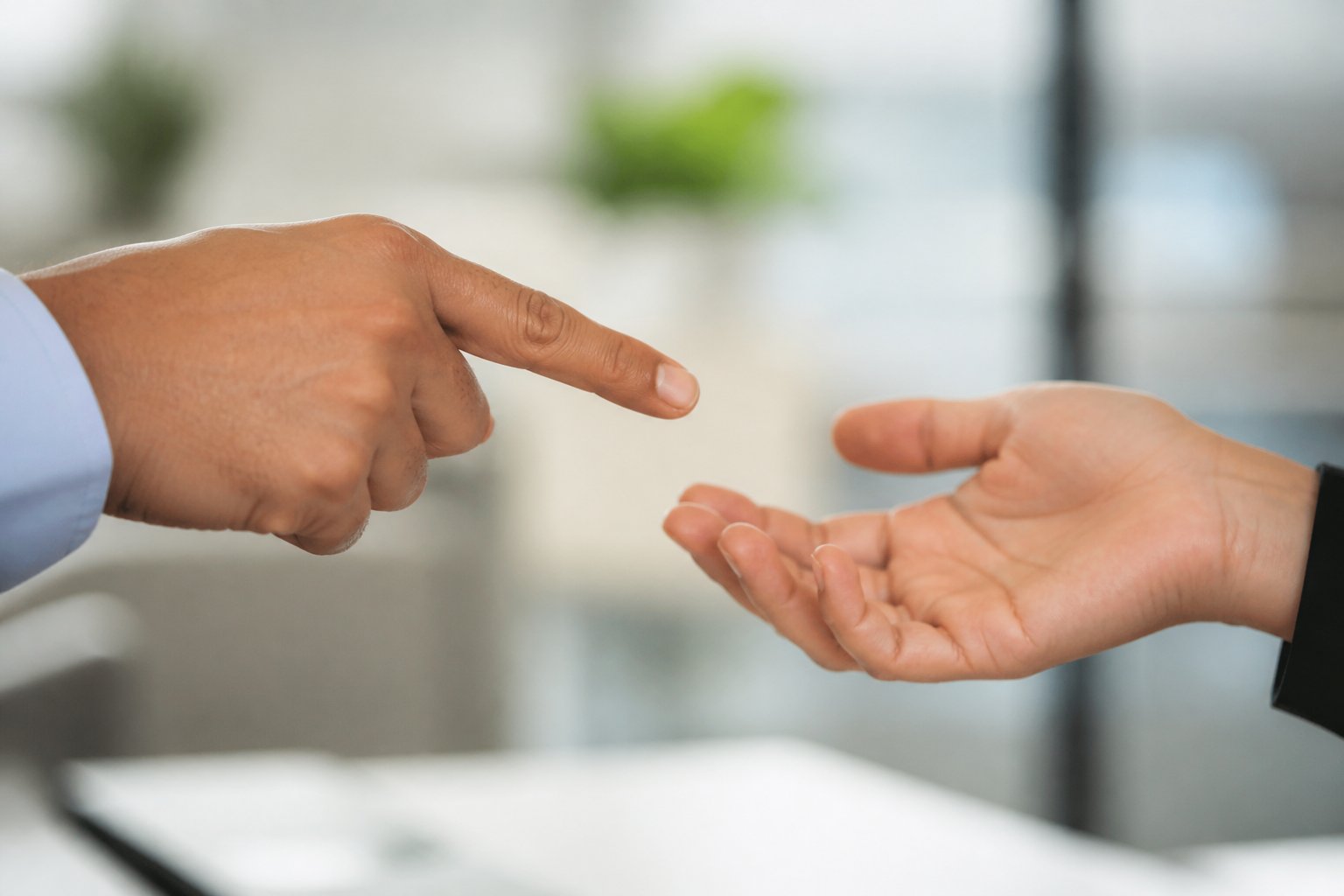 Duas mãos em um gesto de explicação em um ambiente de escritório desfocado ao fundo.