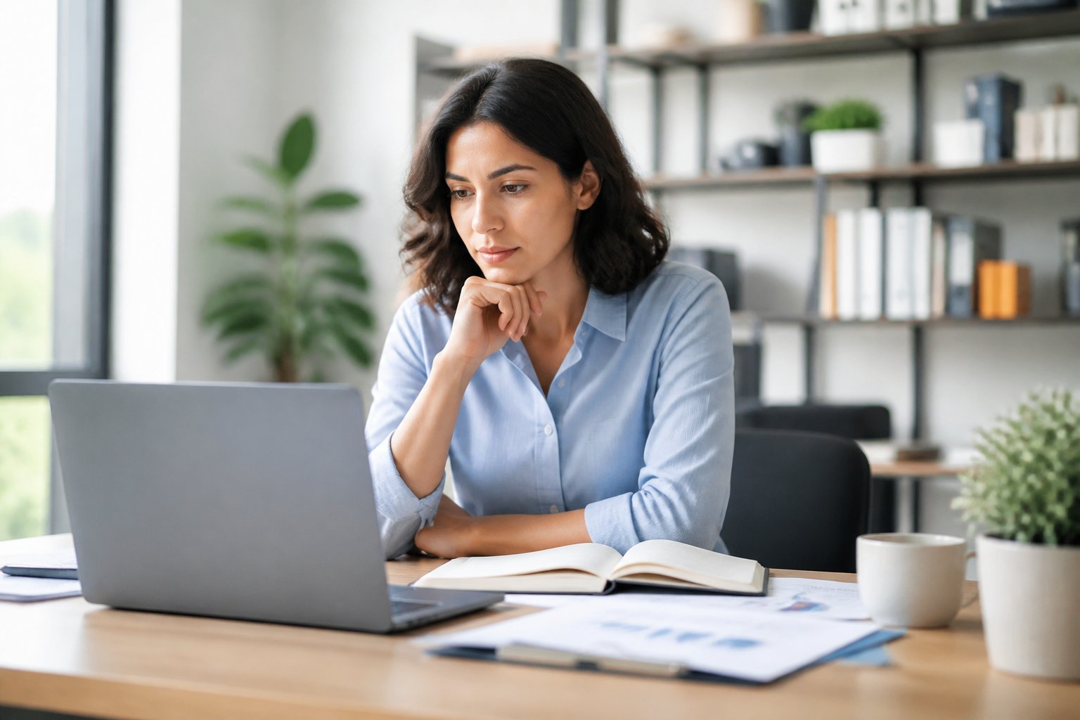 Mulher jovem sentada em uma mesa de escritório moderna, olhando atentamente para a tela do laptop com documentos e um caderno ao lado.