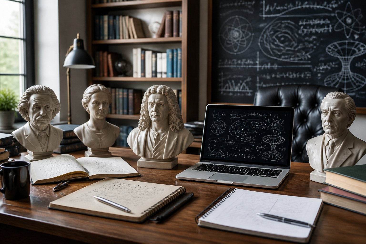 Ambiente de estudo com mesa cheia de livros e bustos de físicos famosos, com quadro ao fundo contendo fórmulas de física.