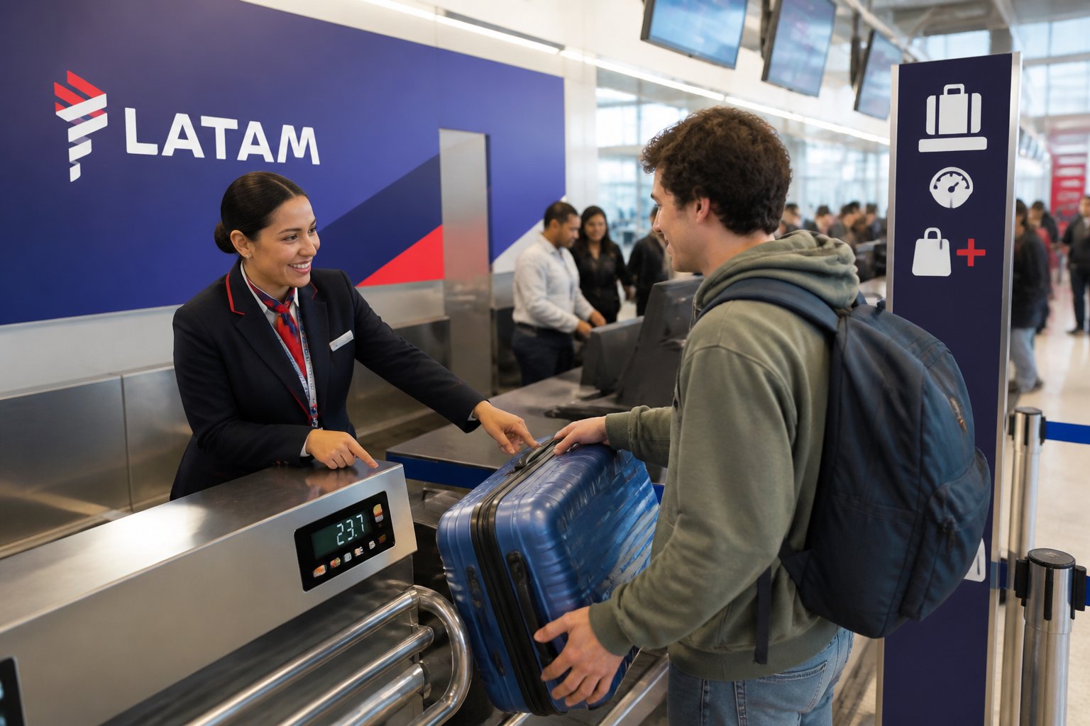 Balção de check-in de aeroporto com funcionário da LATAM ajudando um passageiro a pesar sua bagagem.