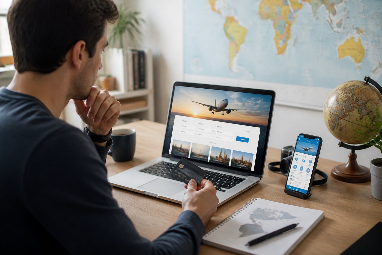 Pessoa planejando uma viagem sentada à mesa com laptop, smartphone e anotações, com um mapa-múndi ao fundo.