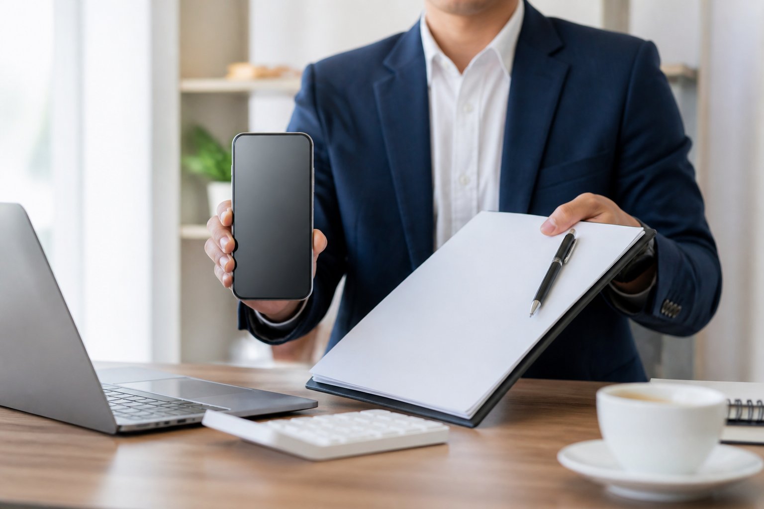 Pessoa segurando um smartphone em uma mão e um contrato na outra, em um escritório claro e organizado.