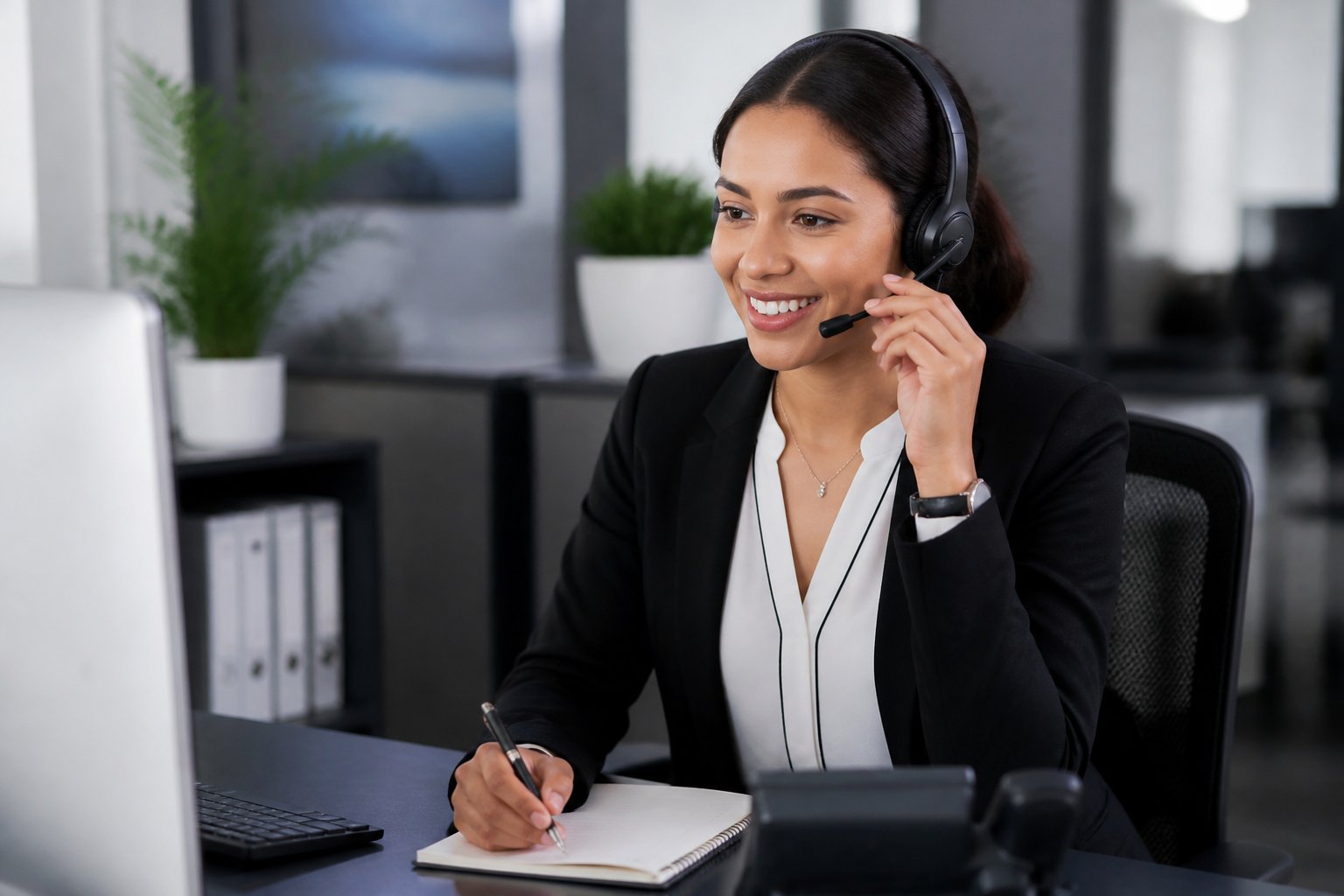 Atendente de serviço ao cliente sorrindo e falando ao telefone em um escritório moderno e bem iluminado.