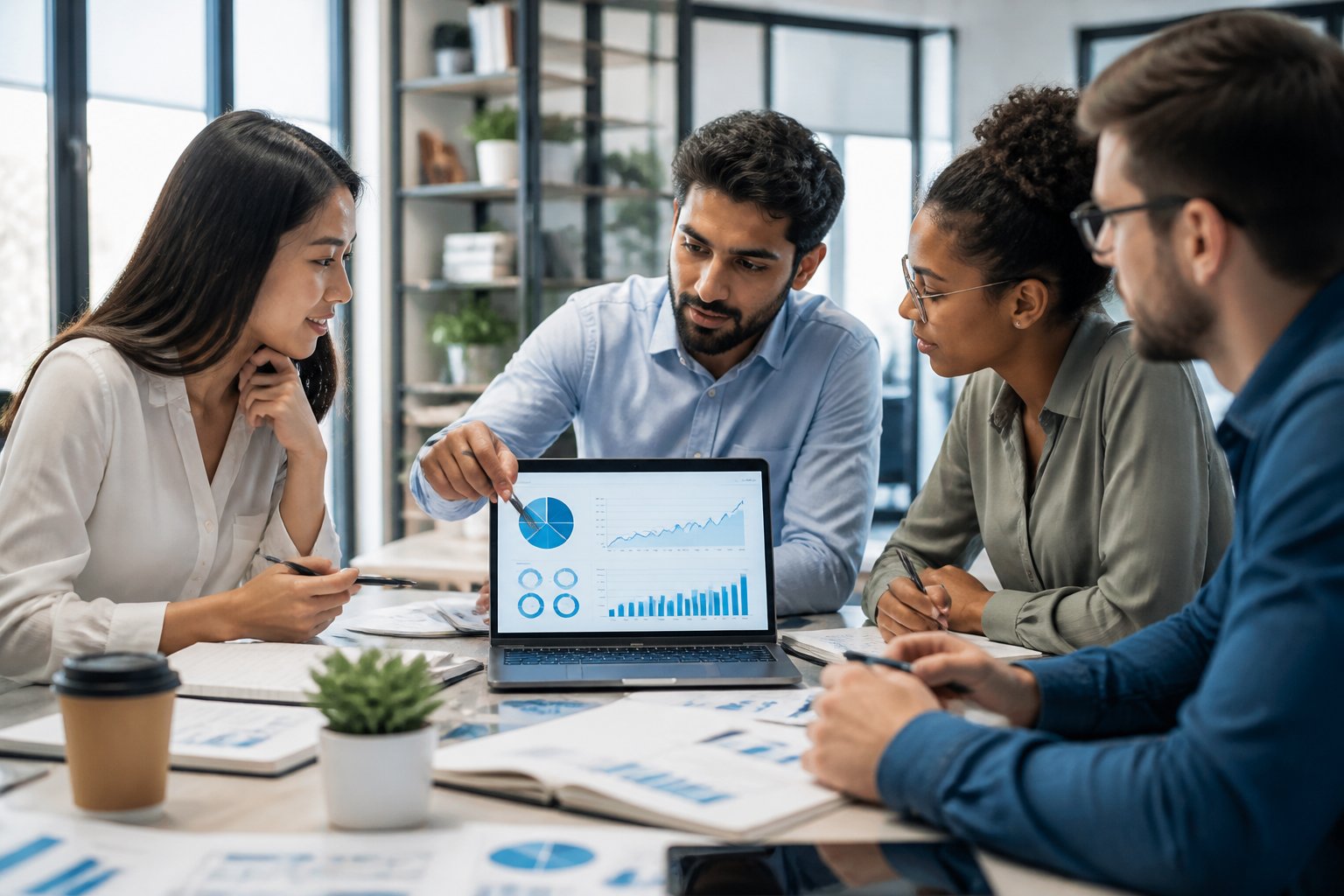 Pessoas em um escritório discutindo gráficos financeiros em uma tela digital, representando cálculos de porcentagem.