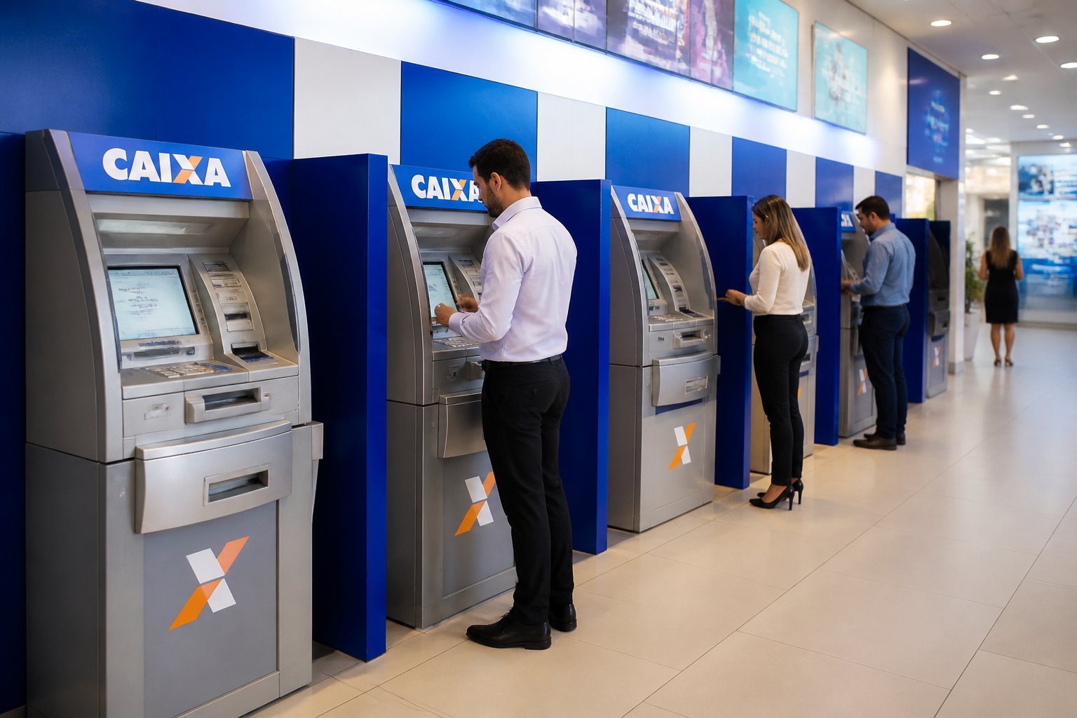 Área interna de caixas eletrônicos da Caixa Econômica Federal com clientes realizando operações.