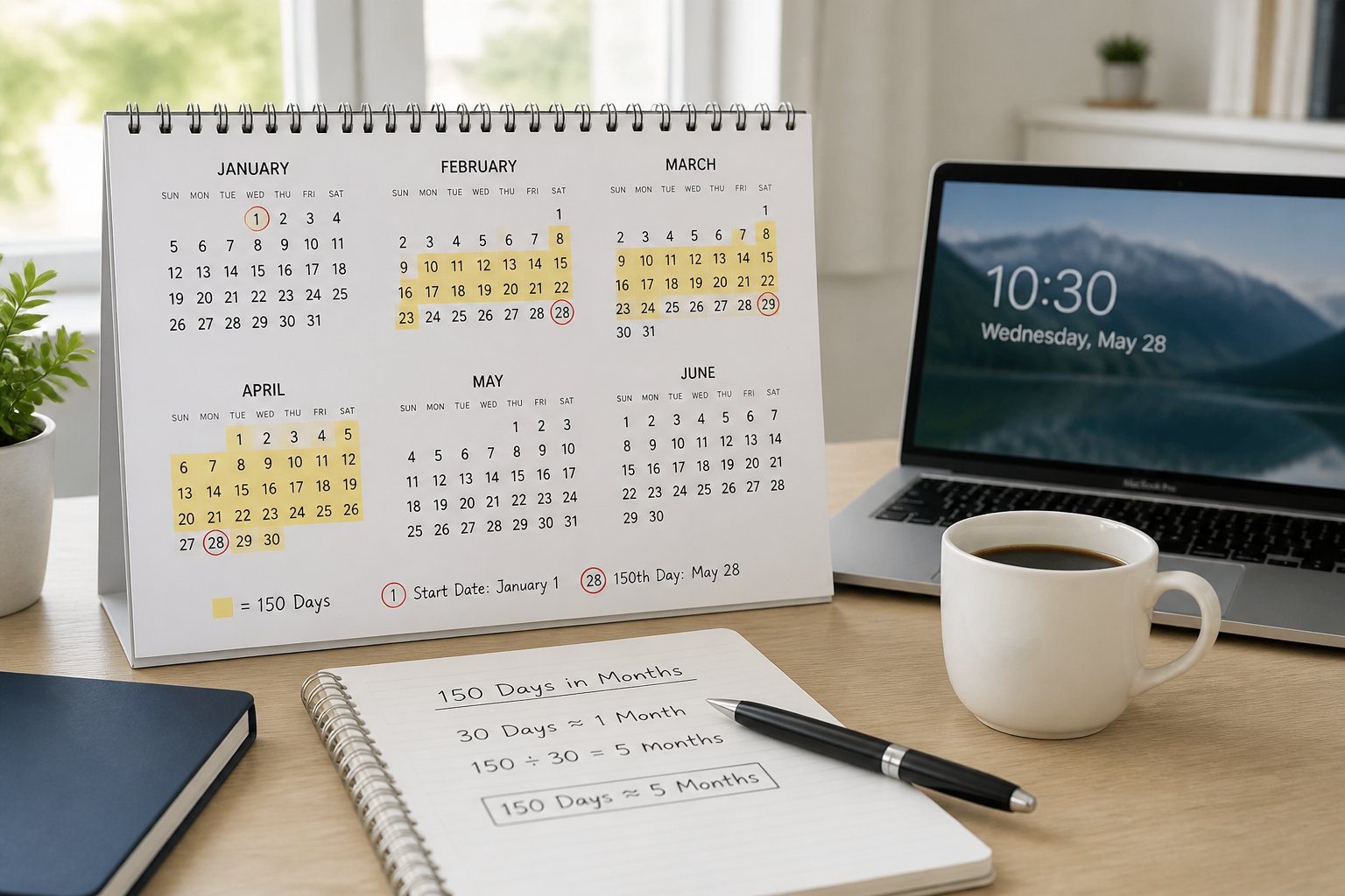 Mesa de trabalho com calendário, laptop, café e bloco de notas mostrando a conversão de 150 dias em meses.